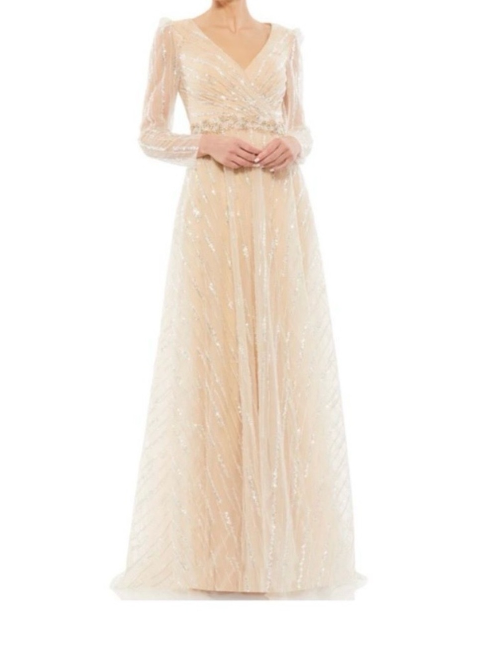 Mac Duggal Champagne Long Sleeve V-Neck Silver Sequin Gown *READ*